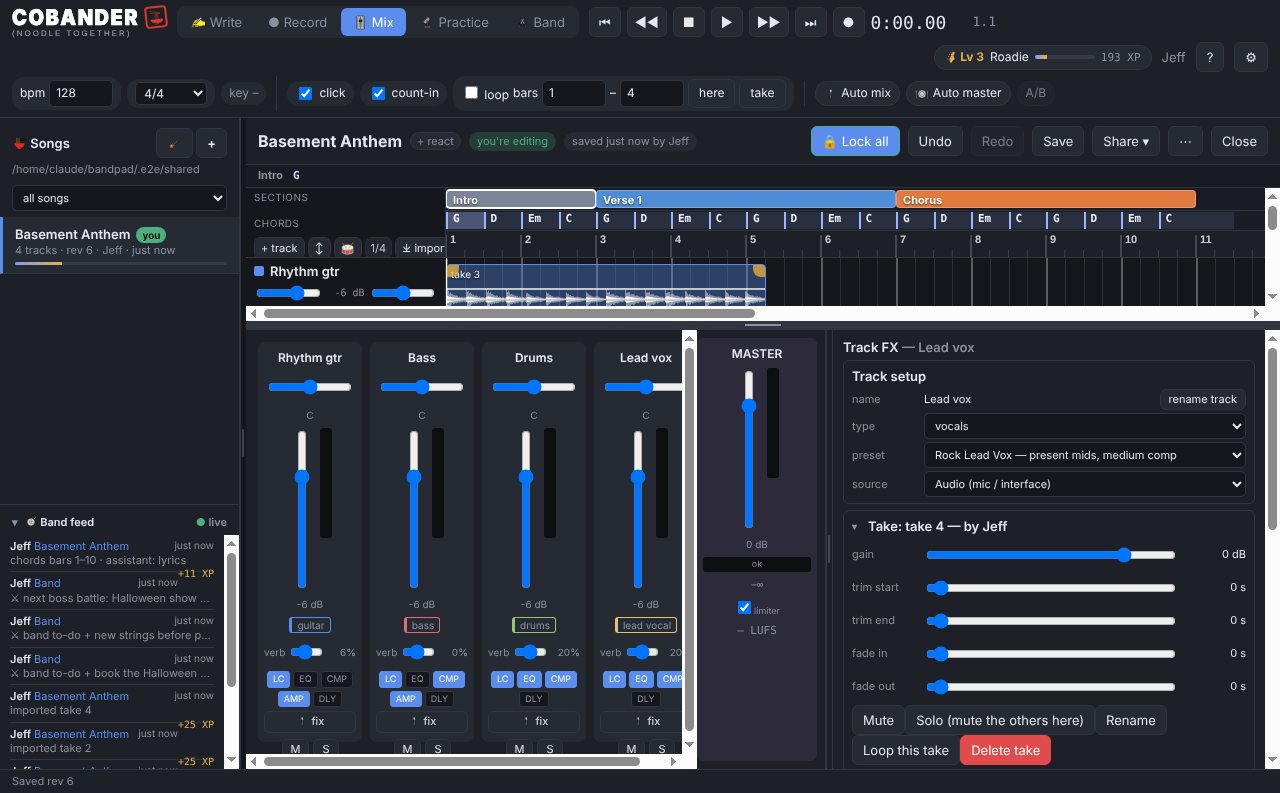 Cobander's Mix workspace: the song timeline with a console of faders below and Track FX on the right